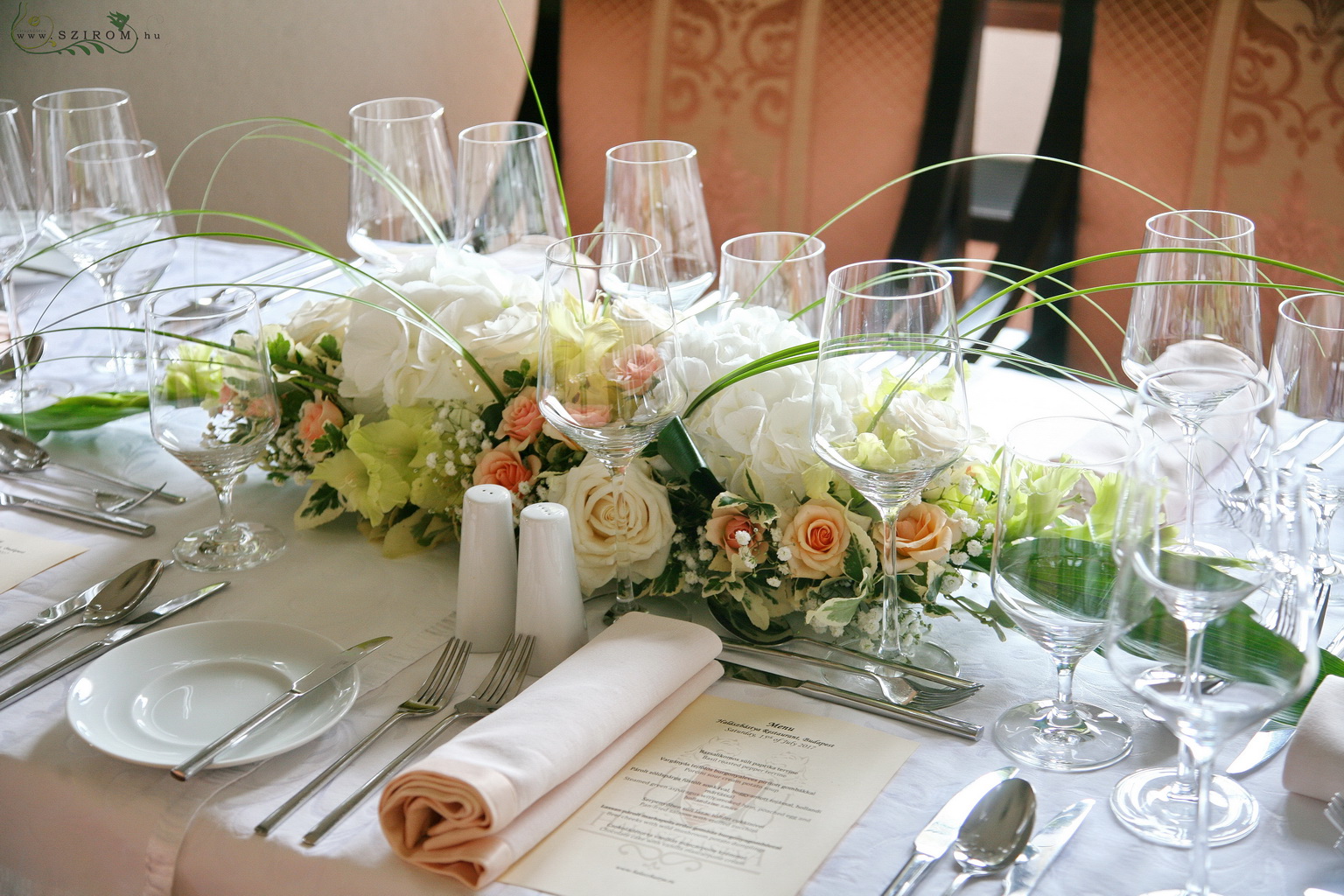 flower delivery Budapest - Wedding Long Table Decoration, Fisherman's Bastion Restaurant Budapest (hydrangea, rose, spray rose, gladiolus, gypsophila, white, green, peach)