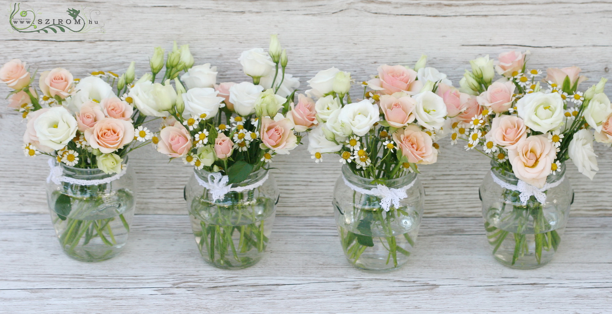 flower delivery Budapest - Centerpiece 1pc (rose, lizantus, camomile, white, peach), wedding