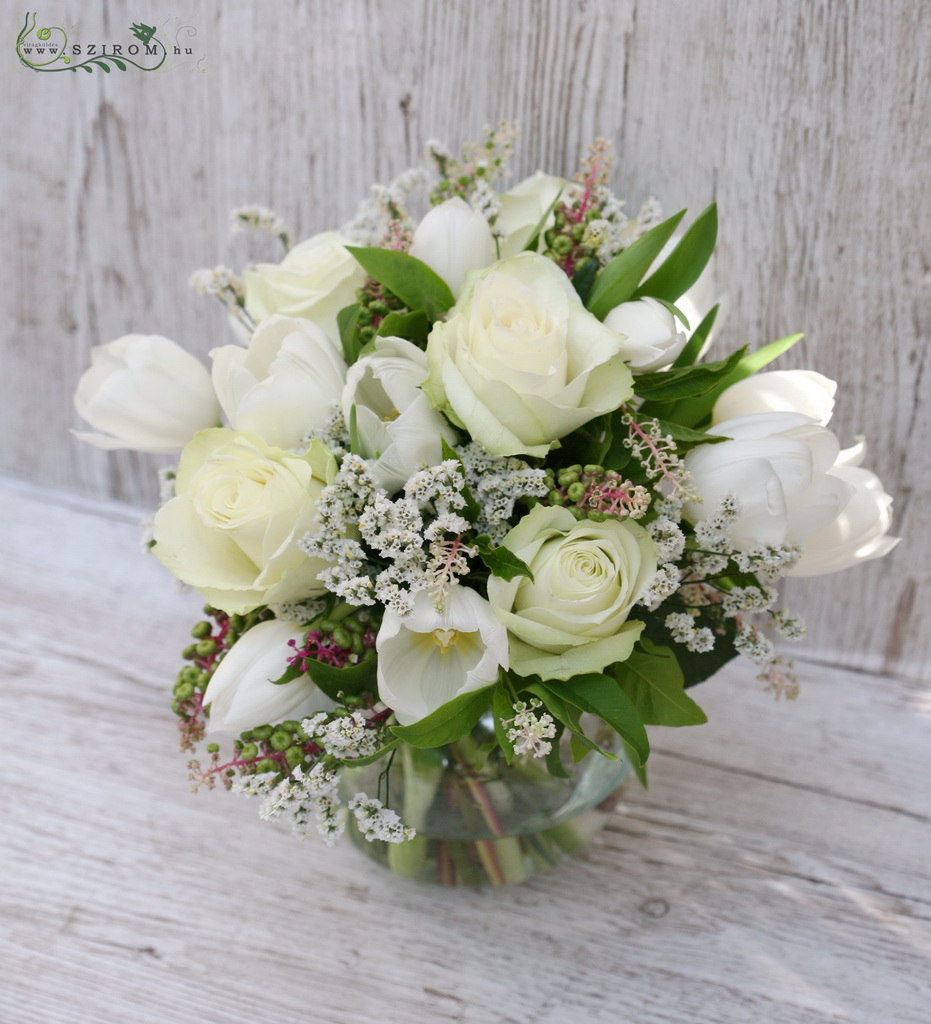 flower delivery Budapest - Centerpiece (rose, tulip, white), wedding