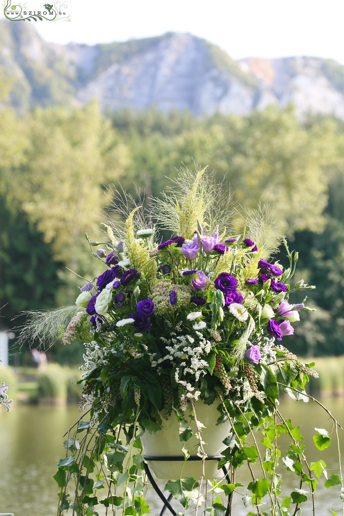 flower delivery Budapest - standing flower decoration (sedum,aster, lisianthus, limonium, purple)  Bélapátfalva, wedding