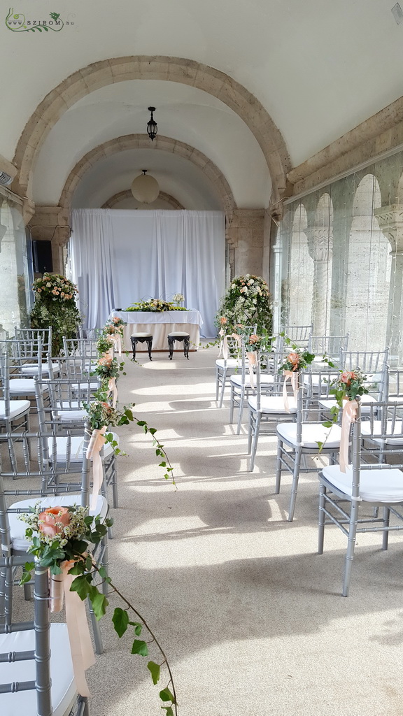 flower delivery Budapest - Fisherman's Bastion, wedding decoration with chair decors, standing arrangements, restaurant table (peach rose)