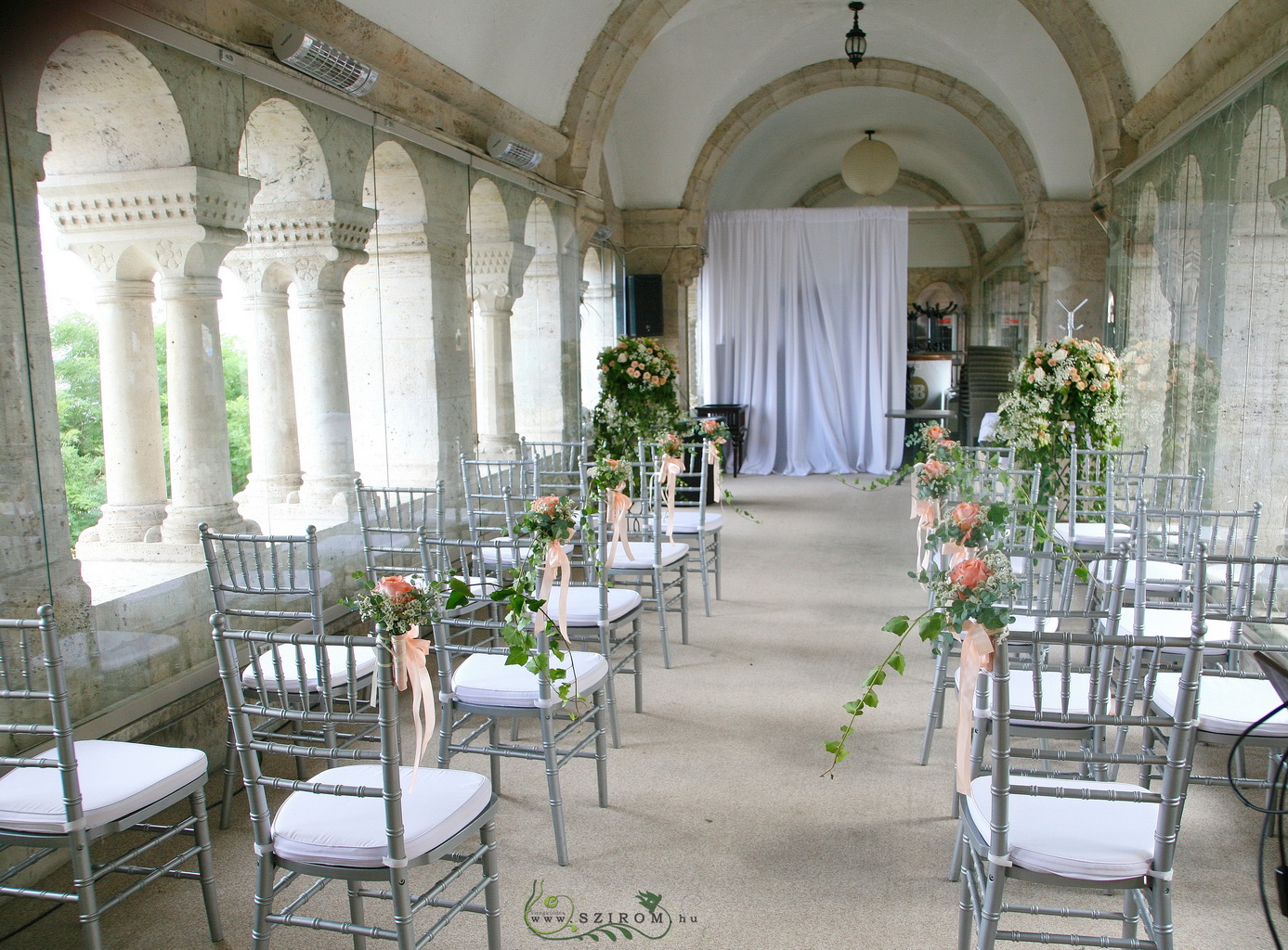 flower delivery Budapest - wedding chair decors, big twisted stand flower decorations, Fisherman's bastion