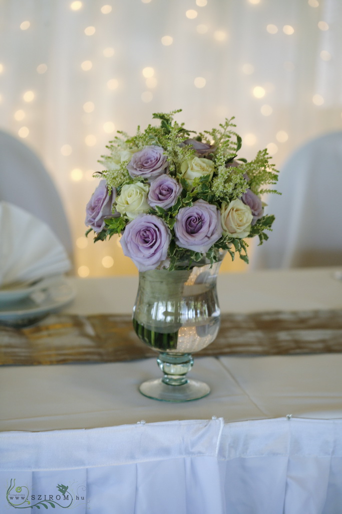 flower delivery Budapest - rose bouquet with little flowers in vase, ligh backdrop, Bagolyvár, (purple rose), wedding