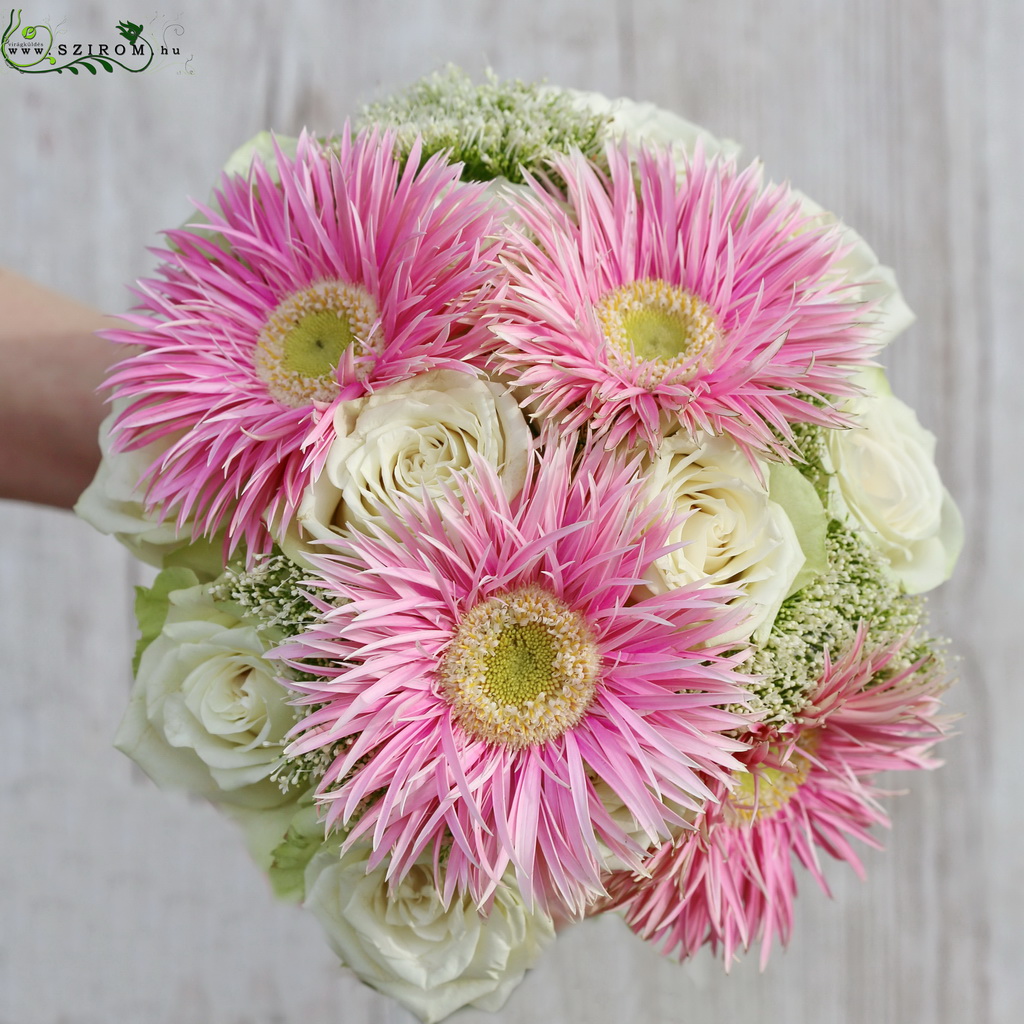 flower delivery Budapest - Bridal bouquet with white roses, pink spider gerberas