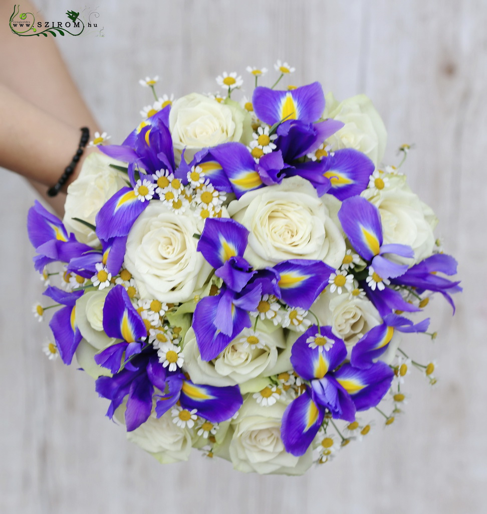 flower delivery Budapest - Bridal bouquet with white roses and purple irisses, and chamomilles