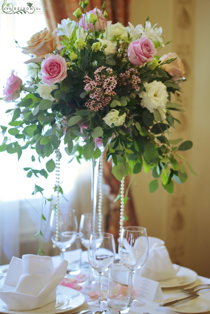 flower delivery Budapest - High wedding centerpiece, St George Hotel Budapest (Rose, lisianthus, alstromeria, wax, purple, pink, cream)