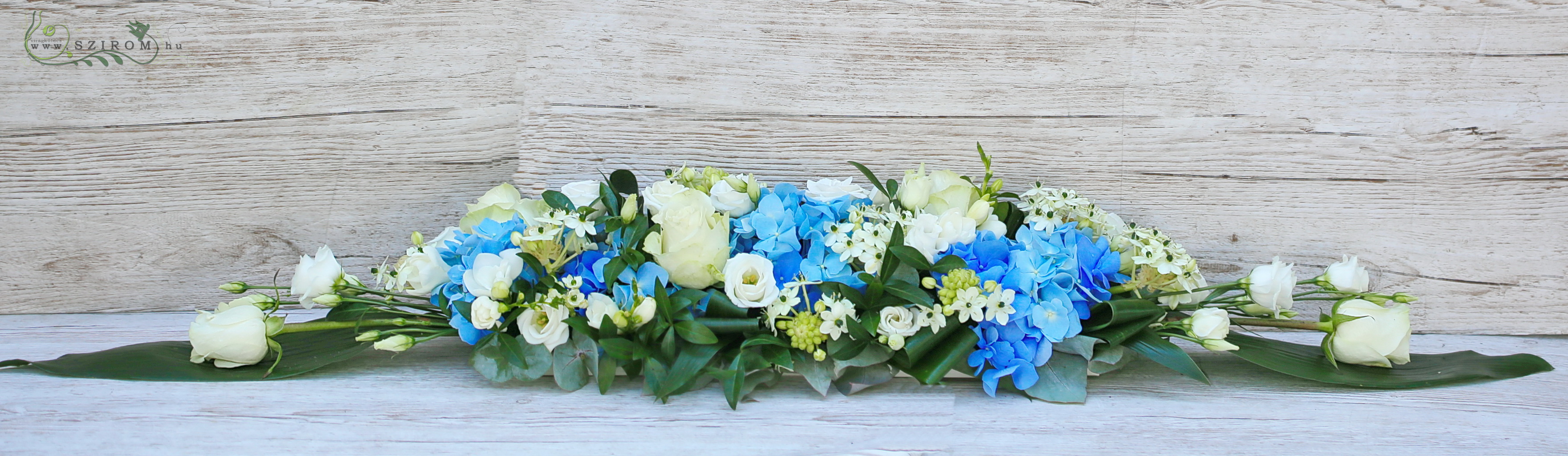 flower delivery Budapest - Main table centerpiece with ornithogalum (blue, white, hydrangea, lisianthus, freesia, ornithogalum)