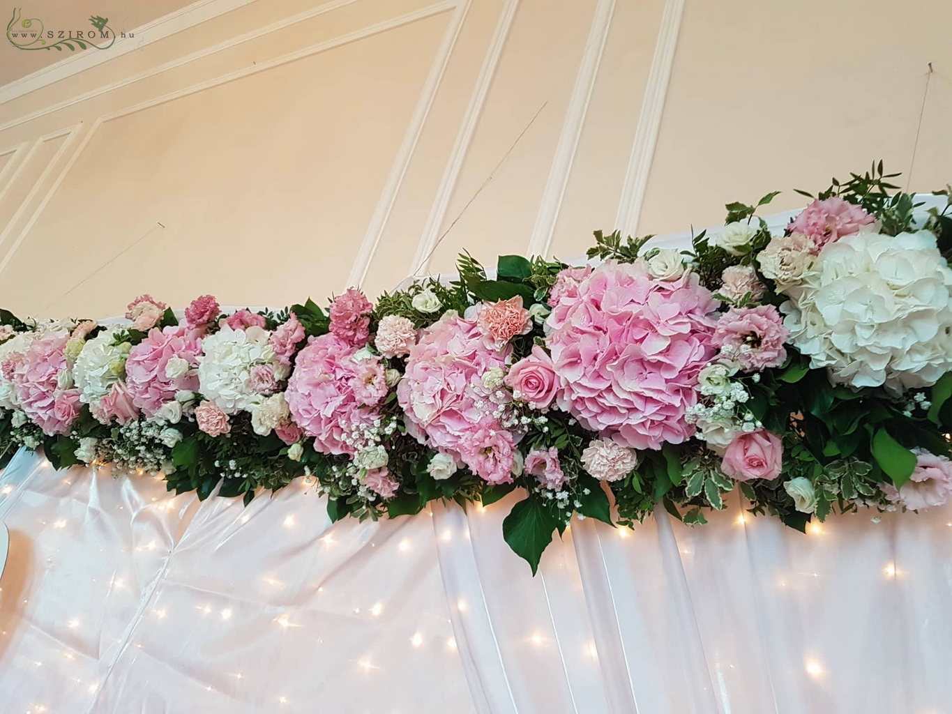 flower delivery Budapest - Gellért Hotel Budapest, wedding flower decoration, backdrop with flowers, pink, white