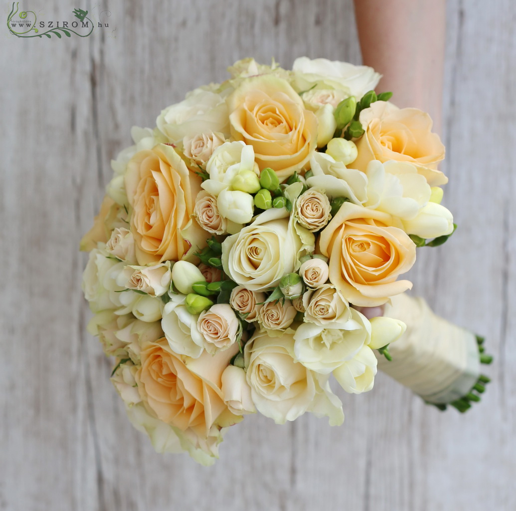 flower delivery Budapest - Bridal bouquet (rose, spray rose, fresia, peach, cream)