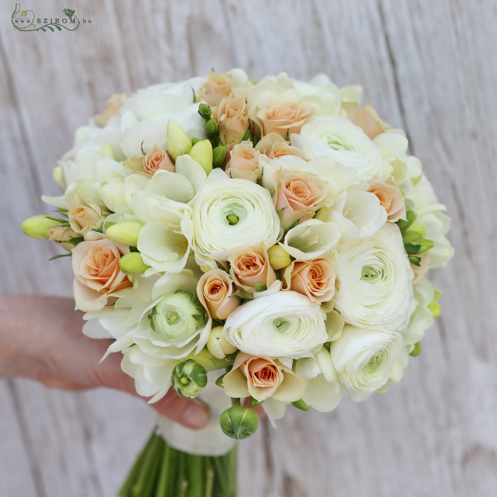 flower delivery Budapest - Bridal bouquet (fresia, ranunculus, spray rose, white, peach) spring