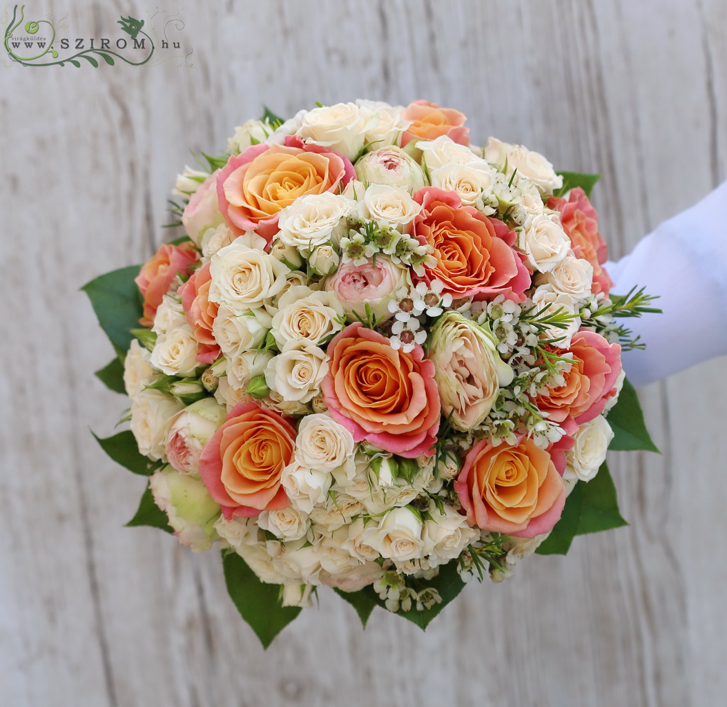 flower delivery Budapest - Bridal bouquet (rose, english rose, spray rose, wax flower, peach, cream)