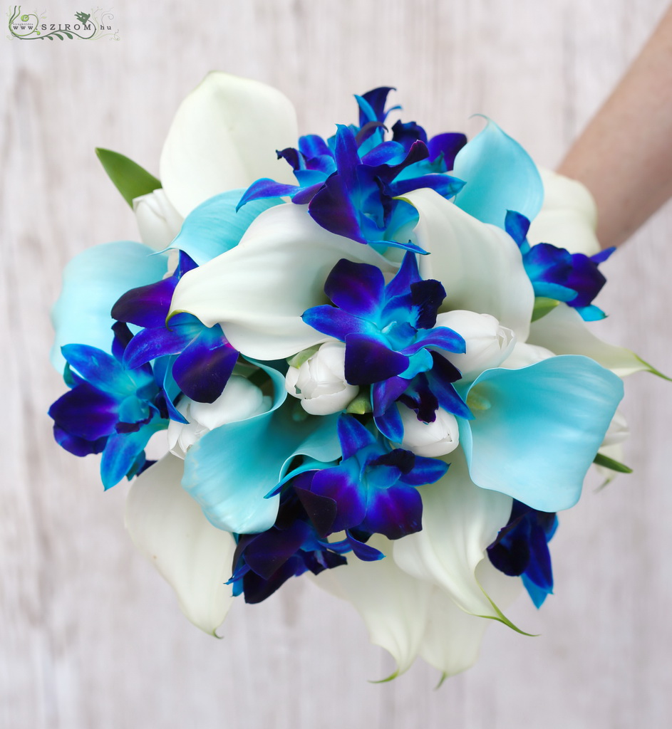 flower delivery Budapest - Bridal bouquet (calla, dendrobium orchid, white, turquoise, blue)