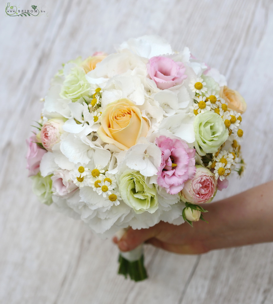 Menyasszonyi csokor (hortenzia, rózsa, kamilla, angol rózsa, liziantusz, fehér, barack, rózsaszín)