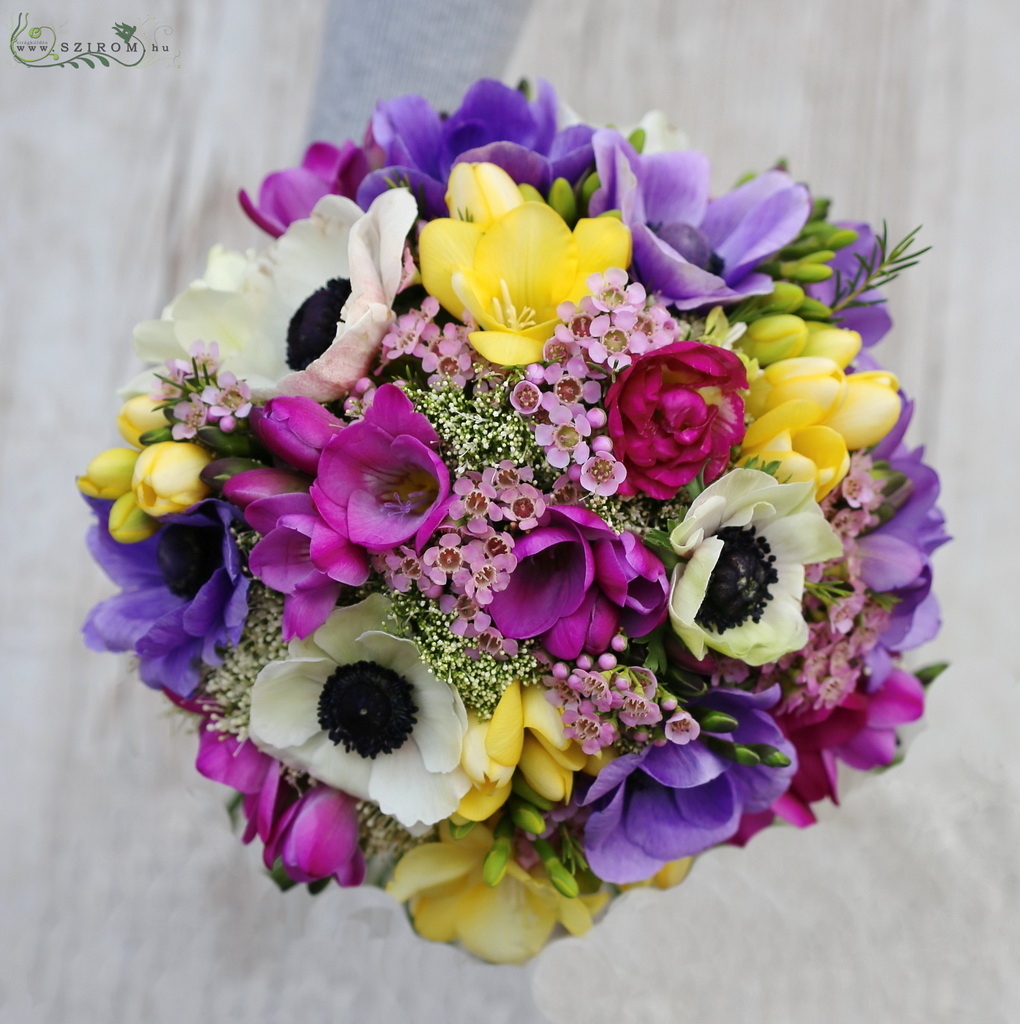 flower delivery Budapest - Bridal bouquet (fresia, anemone, waxflower, yellow,  purple)