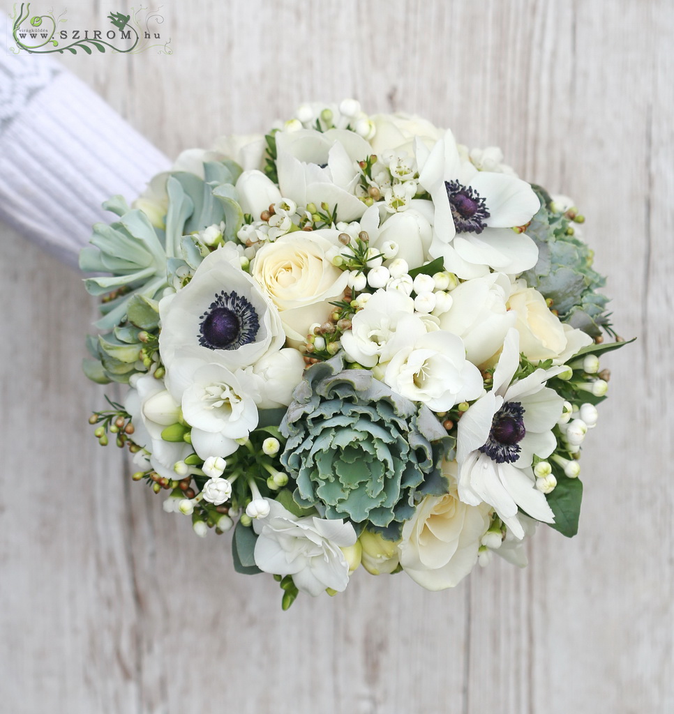 flower delivery Budapest - Bridal bouquet (rose, fresia, tulip, bouvardia, anemone, waxflower, stonecrop, white, green, silver)