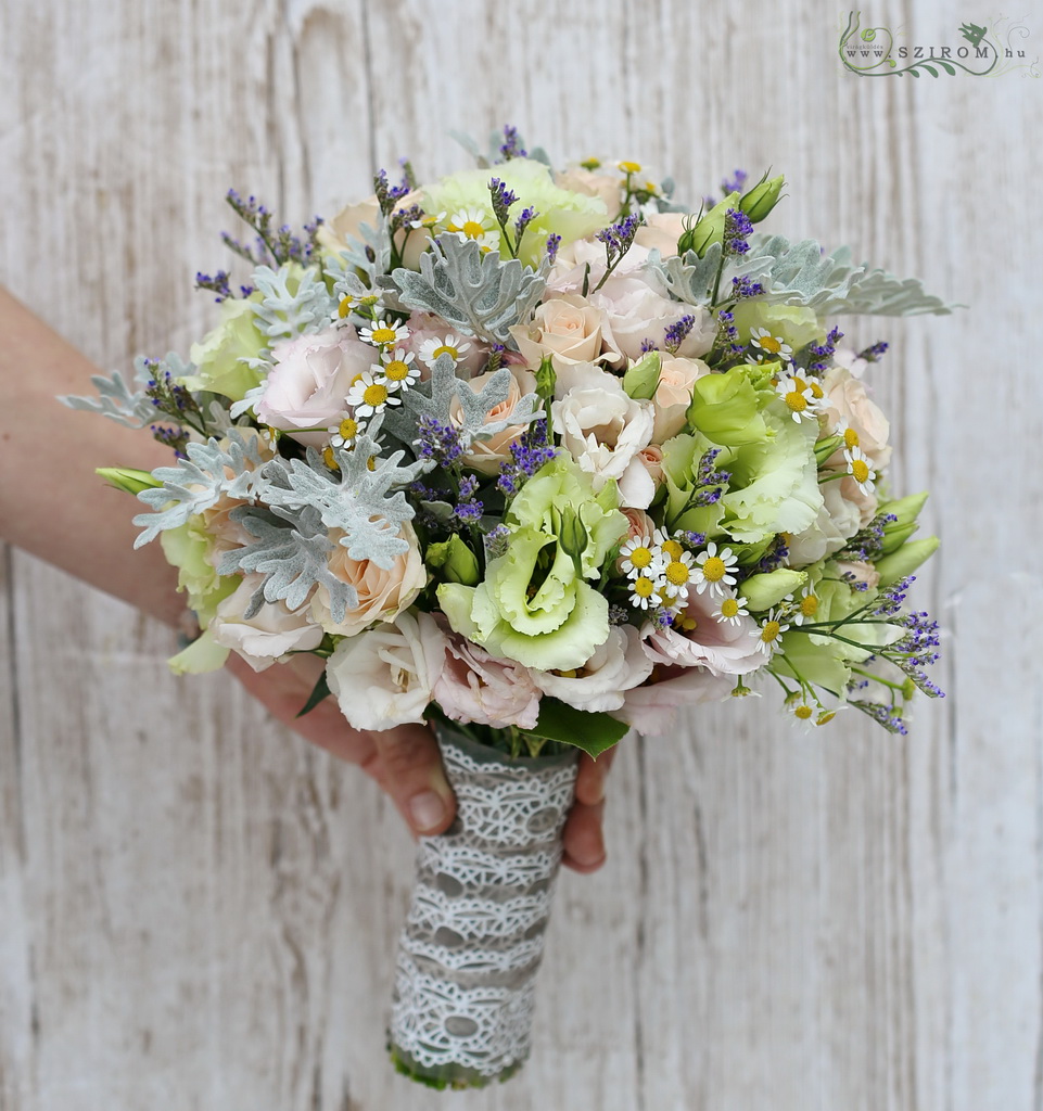 flower delivery Budapest - Bridal bouquet (lisianthus, spray rose, chamomile, senecio, green, light pink, pastel)