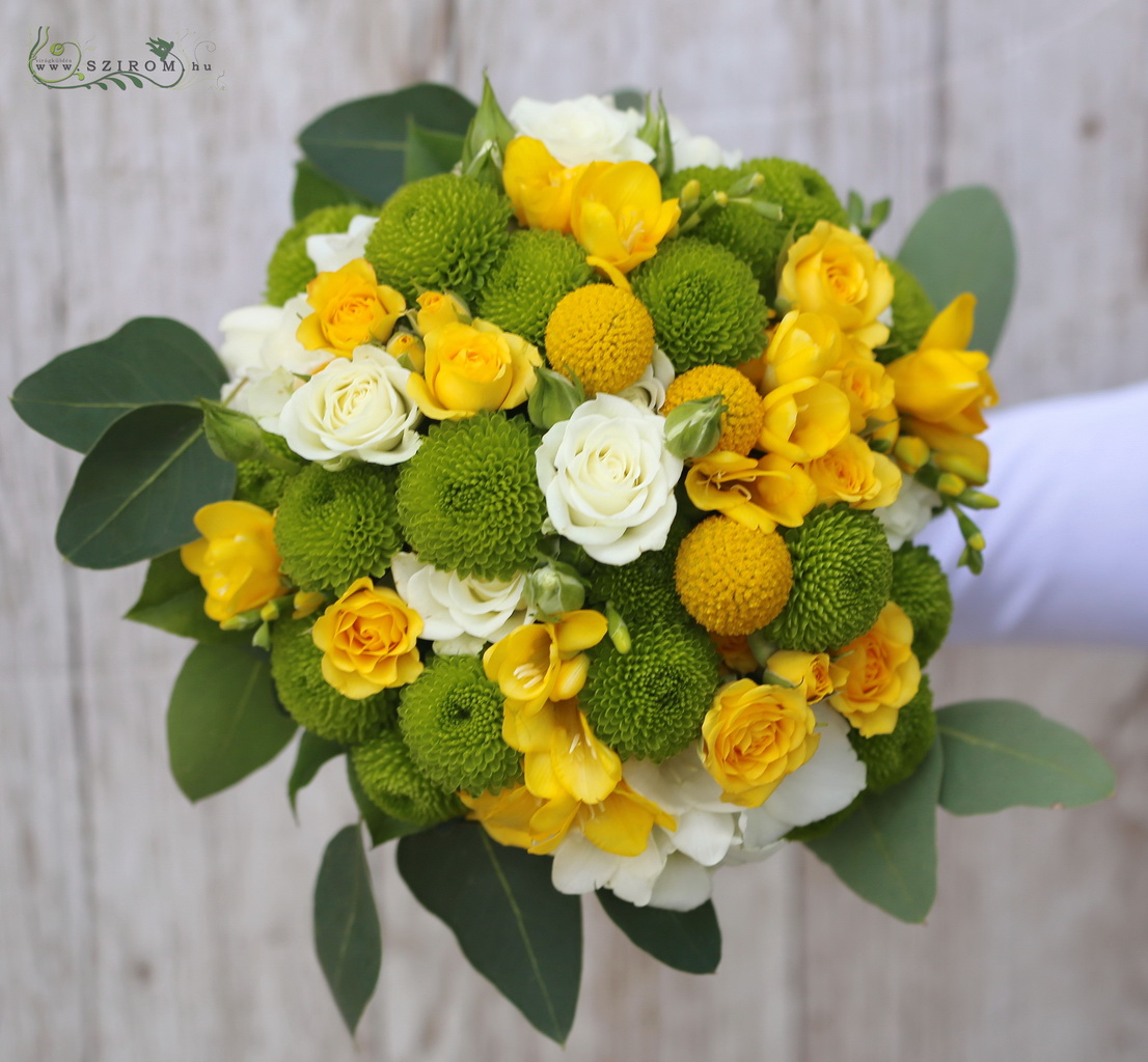 flower delivery Budapest - Bridal bouquet (fresia, spray rose, chrysanthemum, craspedia, yellow, green)