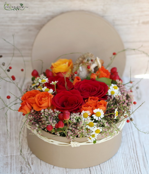 Blumenlieferung nach Budapest - Herbst Blumenbox mit Igel