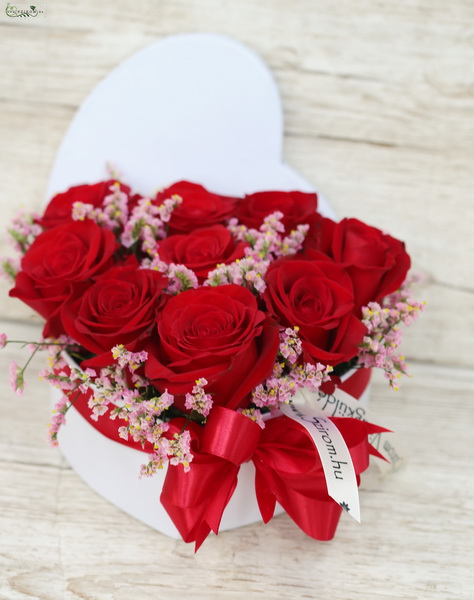 flower delivery Budapest - Little heart box with 9 red roses, and pink small flowers