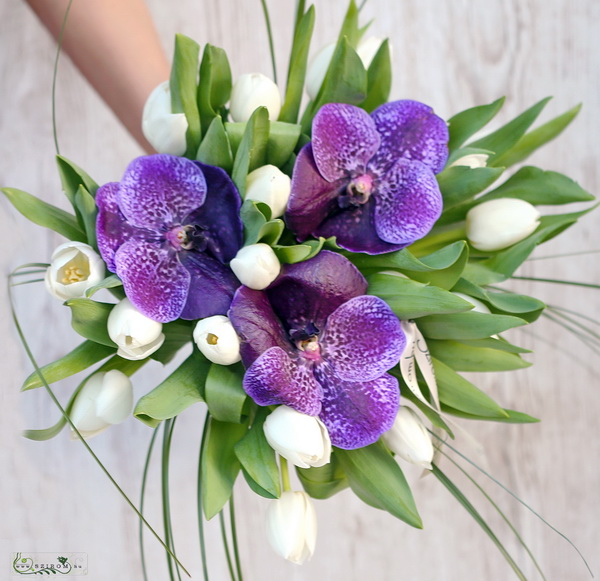 Blumenlieferung nach Budapest - 20 weiße Tulpen mit violetten Vanda-Orchideen