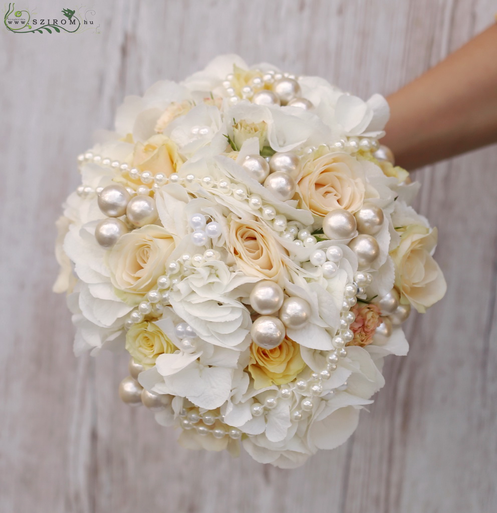 flower delivery Budapest - Bridal bouquet with pearls (hydrangea, rose, spray rose, white, peach)