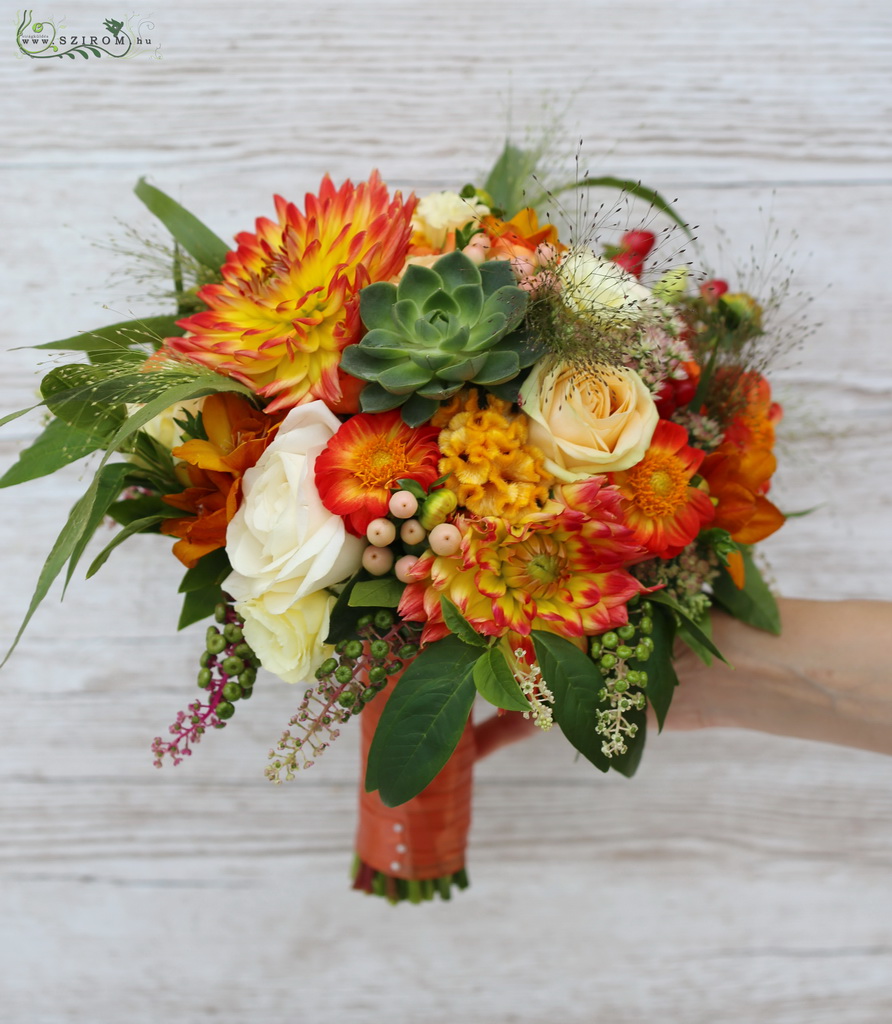 flower delivery Budapest - Bridal bouquet autumn style (dahlia, rose, echeveria, orange, yellow, peach)