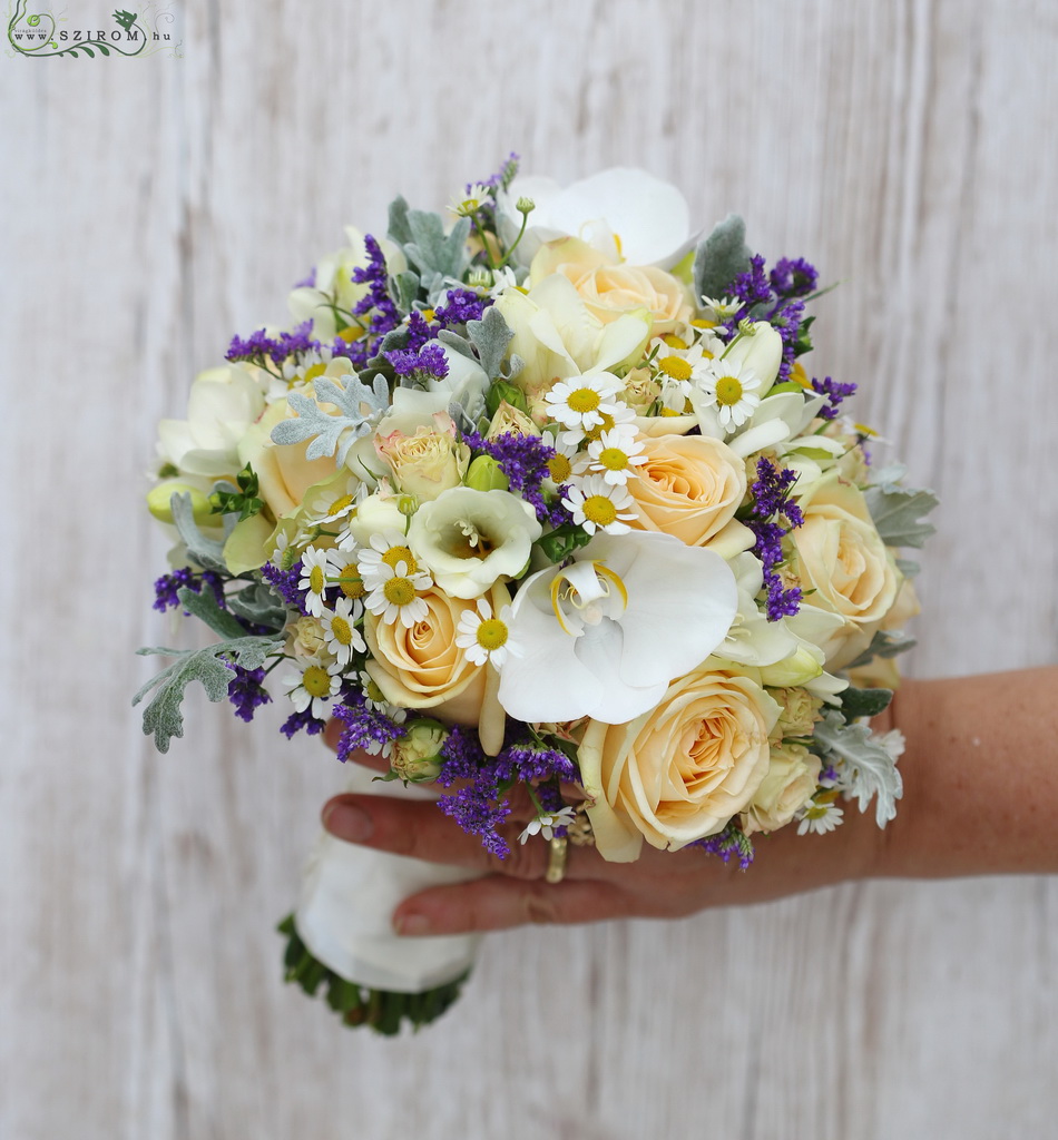 flower delivery Budapest - Bridal bouquet (rose, phalaenopsis orchid, spray rose, fresia, chamomile, limonium, senecio, white, cream, peach, purple)