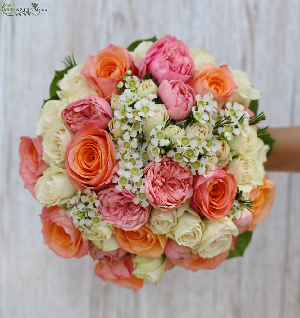 flower delivery Budapest - Bridal bouquet (rose, english rose, wax flower, orange, pink, white)