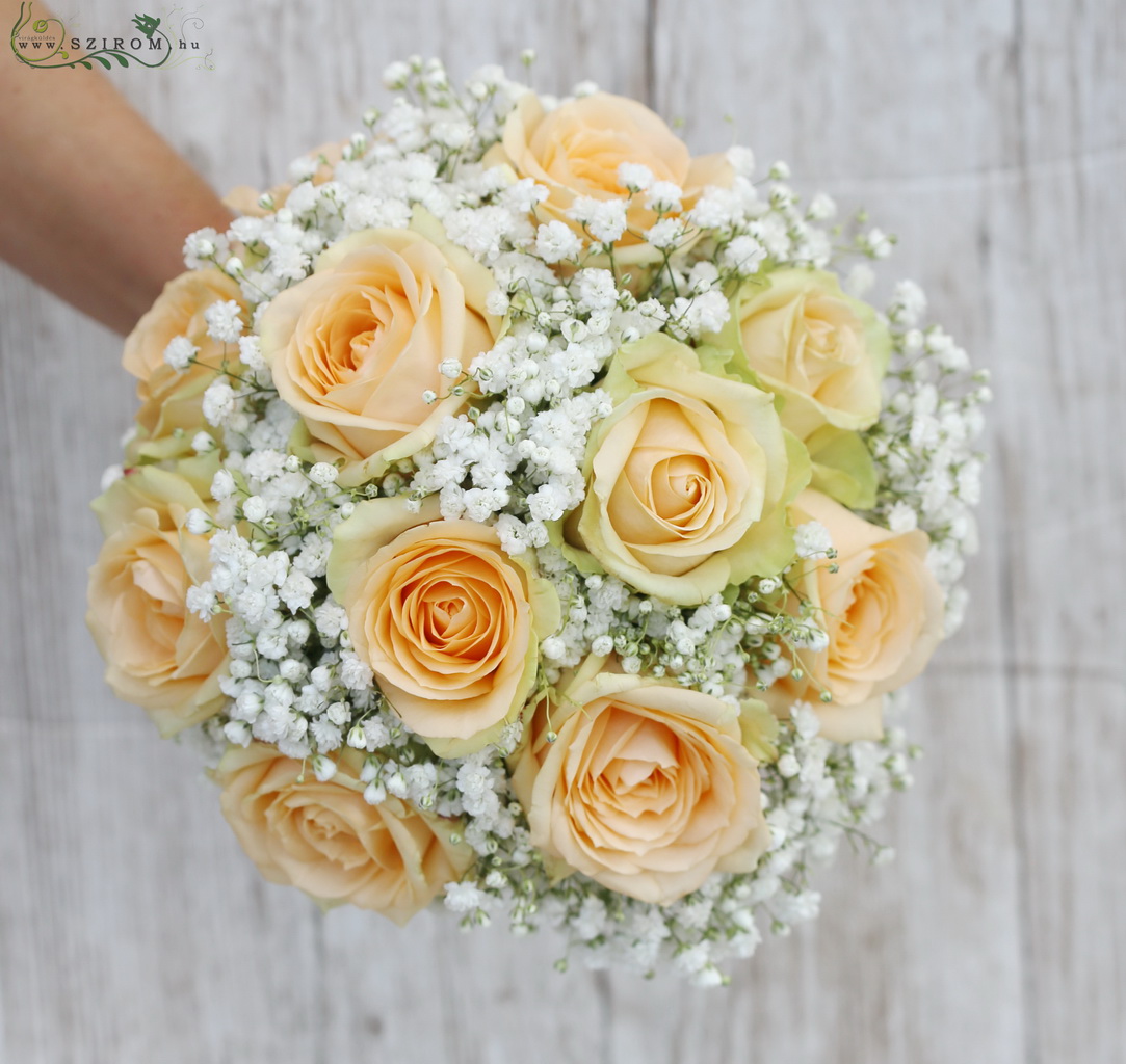 flower delivery Budapest - Bridal bouquet (rose, baby breath, white, peach)