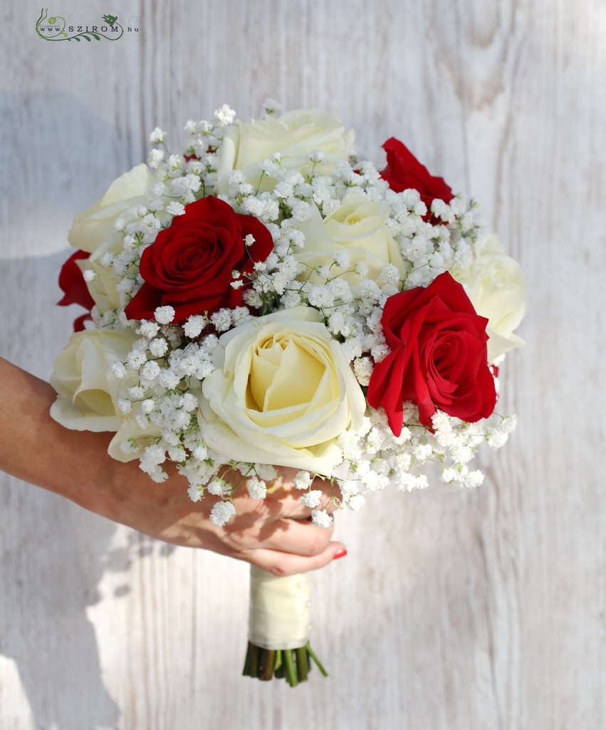 flower delivery Budapest - Bridal bouquet (rose, baby's brath, white, red)