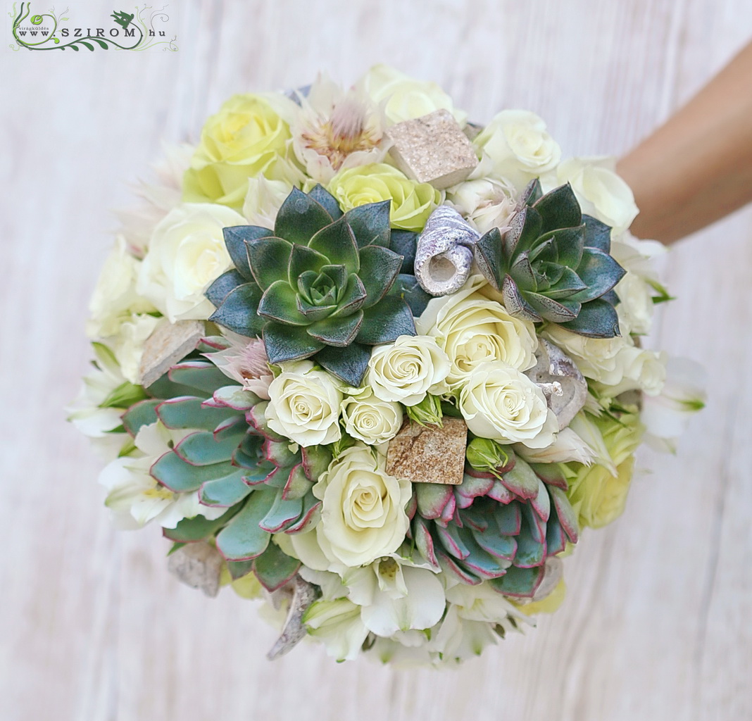 flower delivery Budapest - Bridal bouquet (rose, spray rose, sempervivum, alstromelia, protea, white, green)