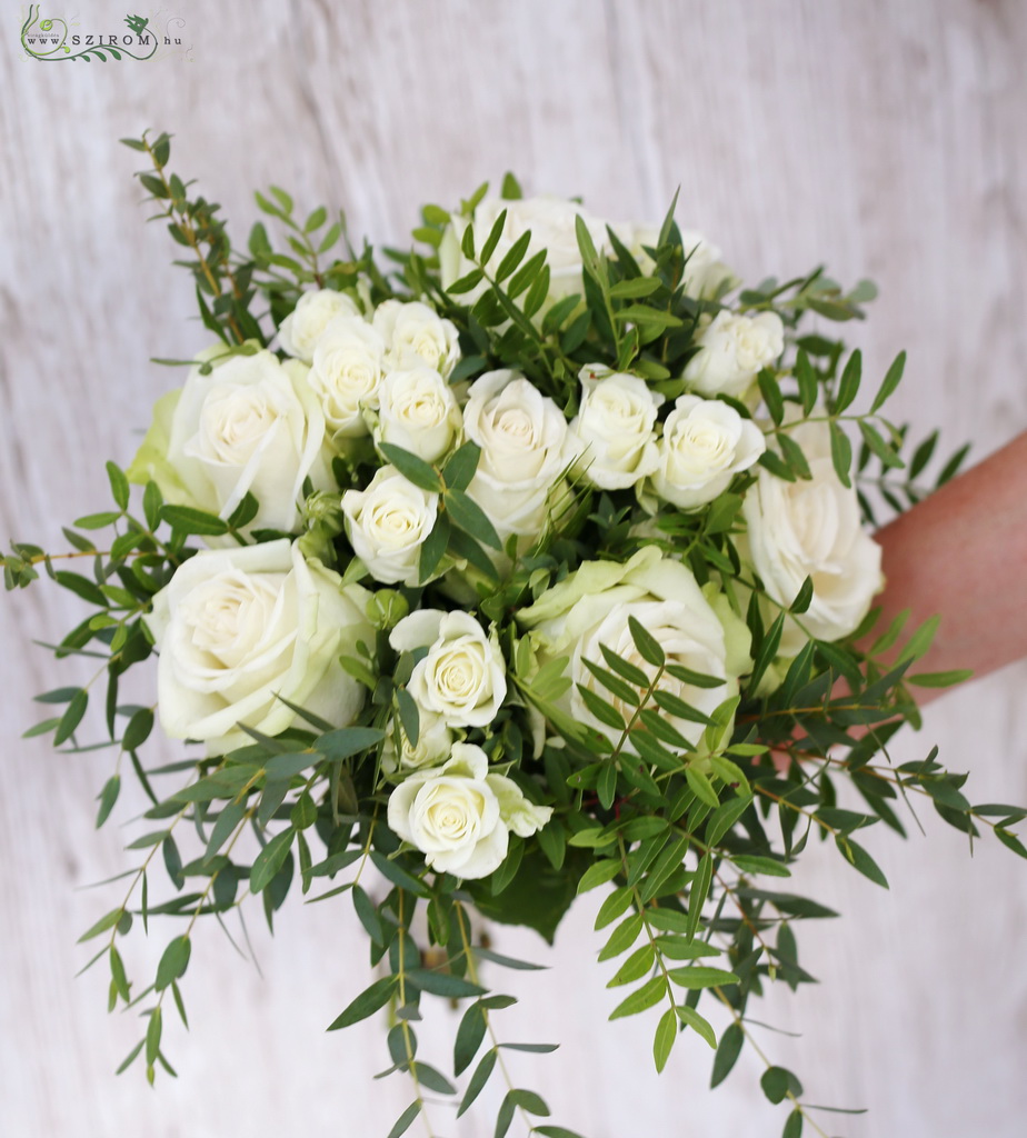 flower delivery Budapest - Bridal bouquet (rose, spray rose, pistachio leaf, eucalyptus, white, green)