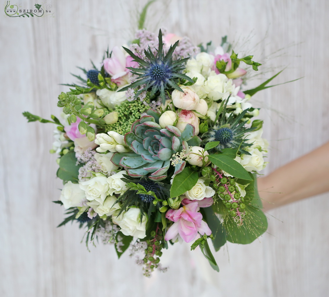 flower delivery Budapest - Bridal bouquet (spray rose, fresia, eryngium, echeveria, tuberose,  white, blue, pink, green)