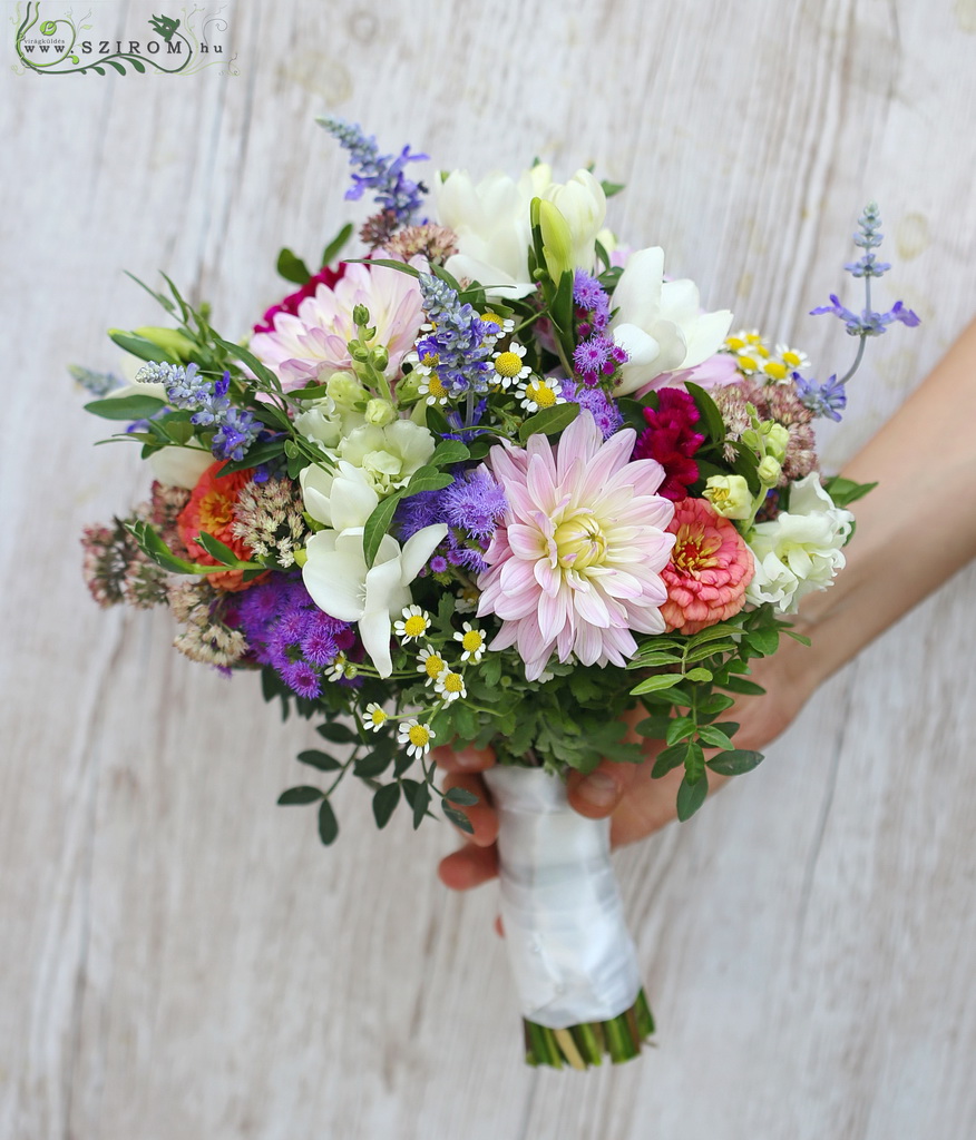 flower delivery Budapest - Bridal bouquet (dahlia, fresia, wild flowers, white, purple, light pink, peach) summer, autumn's begining