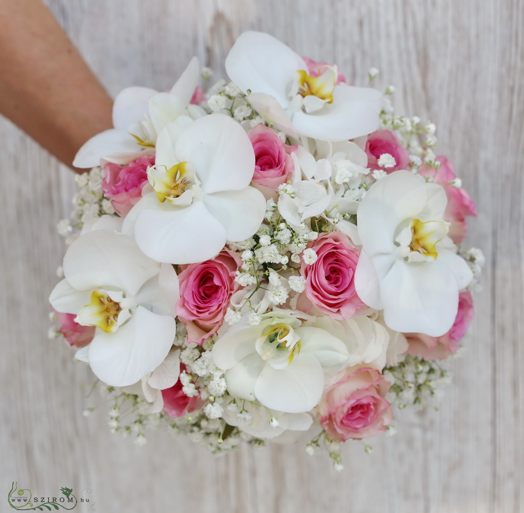 flower delivery Budapest - Bridal bouquet (rose, phalaenopsis orchidea, white, pink)