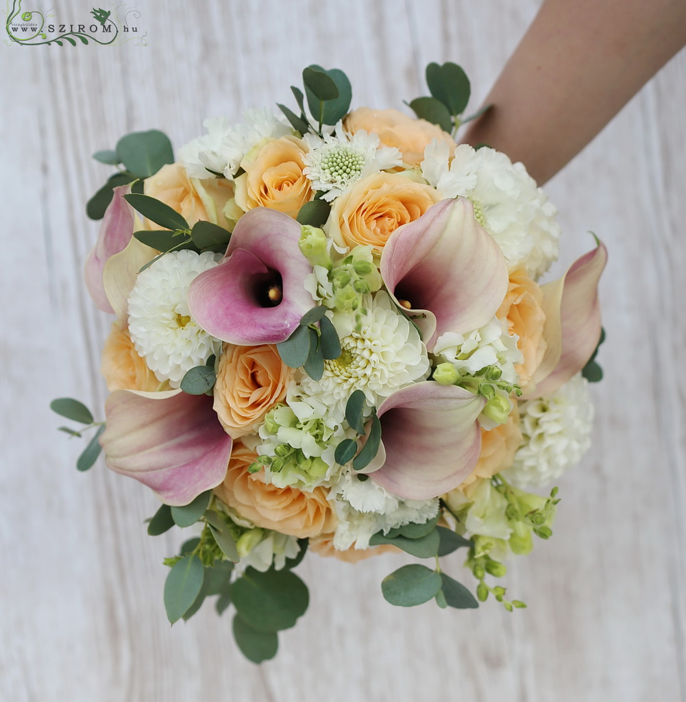 flower delivery Budapest - Bridal bouquet (cala, rose, dahlia, peach, white, light pink)