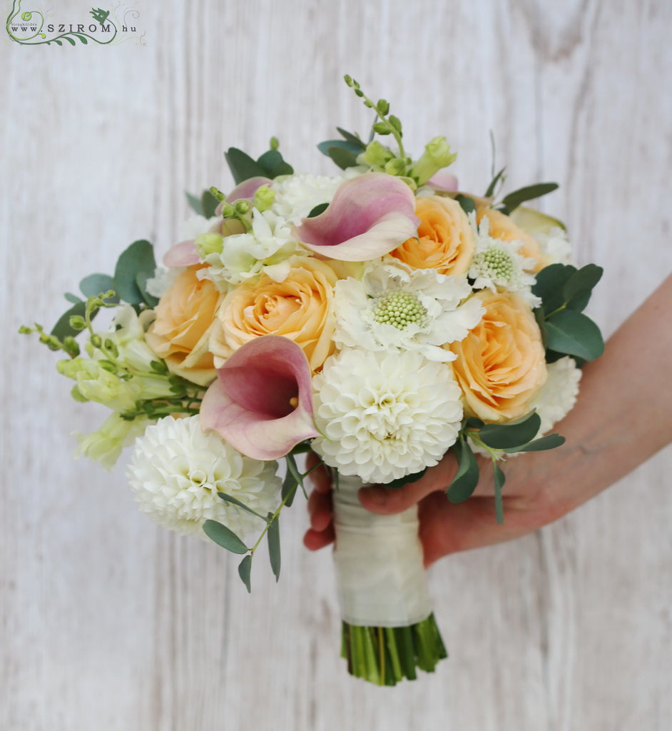 flower delivery Budapest - Bridal bouquet (rose, cala, dahlia, scabiosa, snapdragon, white, peach, pink)