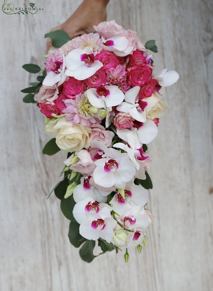 flower delivery Budapest - Drop shape bridal bouquet (phalaenopsis orchid, rose, spray rose, lisianthus, dahlia, white, pink, light pink)