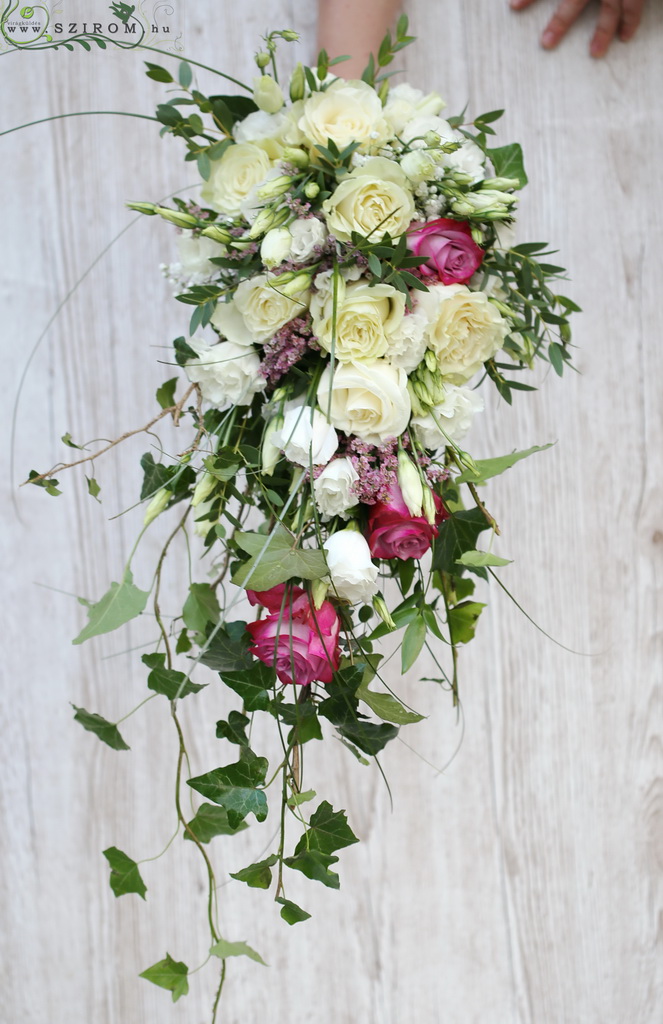 flower delivery Budapest - Drop shape bridal bouquet (rose, lisianthus, spray rose, white, purple)