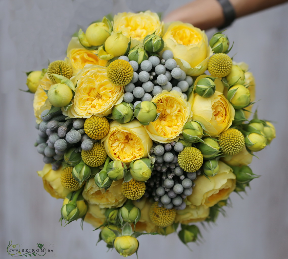 flower delivery Budapest - Bridal bouquet (english rose, craspedia, brunia, yellow, grey)