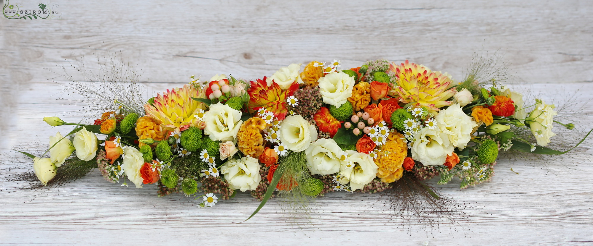 flower delivery Budapest - Long Centerpiece (dahlia, lisianthus, hypericum, chamomile, chrysantemum, cream, orange, green)