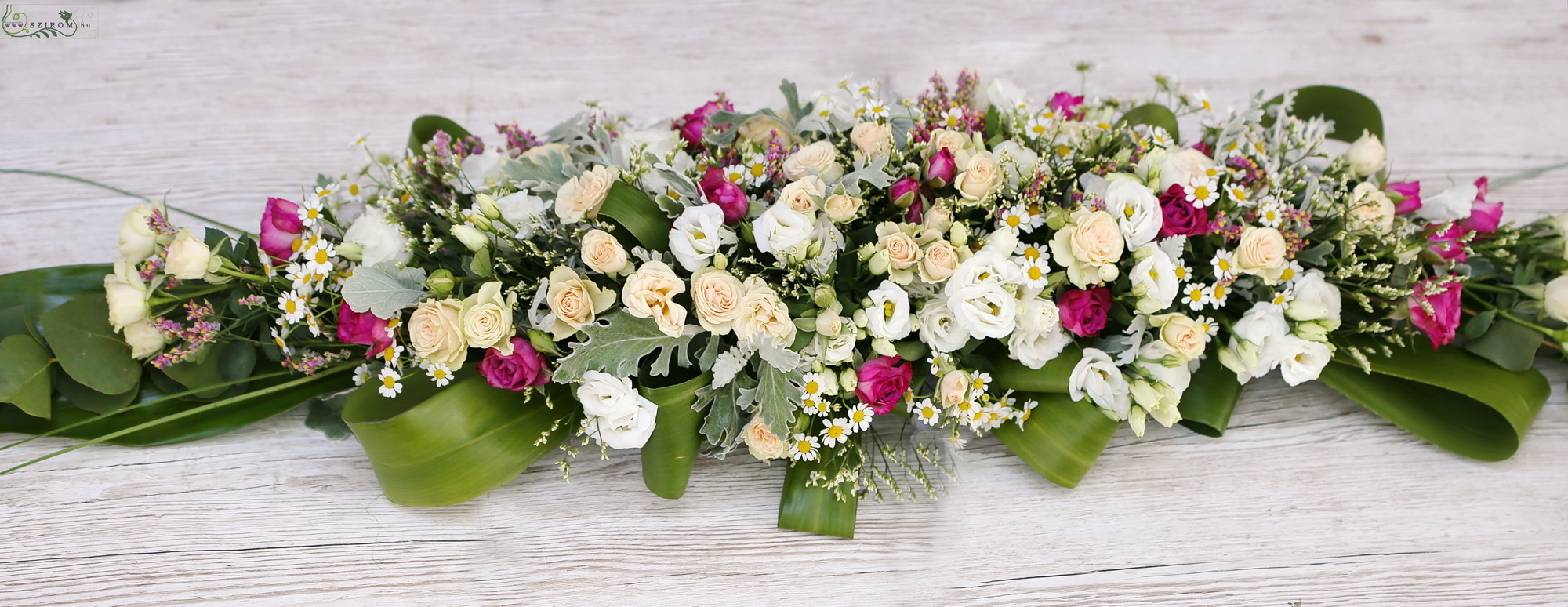 flower delivery Budapest - Oblong Centerpiece (lisianthus, spray rose, chamomile, white, cream, purple) Ádám villa