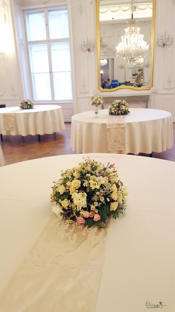 flower delivery Budapest - Wildflower style table decoration (chamomile, limonium, freesia, spray rose, grey, pink, white, peach) Festetics Palace Budapest