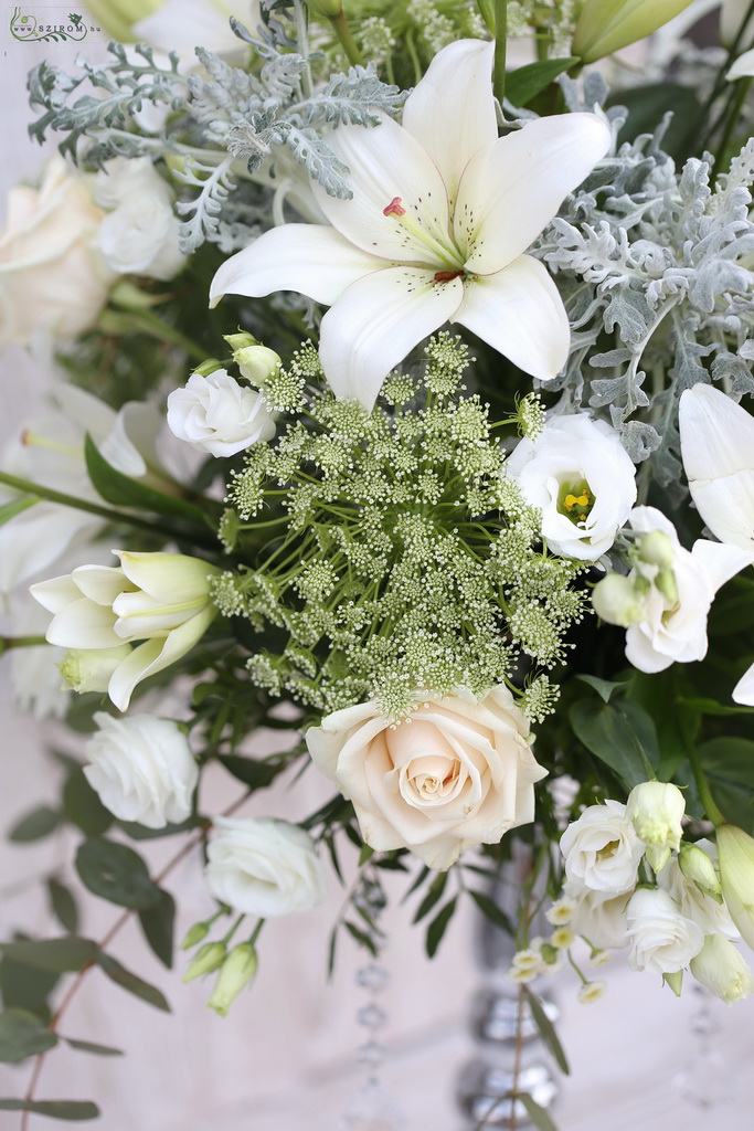 flower delivery Budapest - Centerpiece on silver base (asian lily, rose, lisianthus, wild flowers, white)