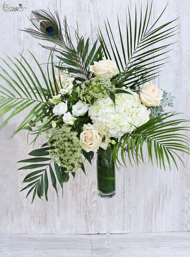 flower delivery Budapest - Botanical Centerpiece with peacock feathers and palm leafs (hydrangea, rosa, lisianthus, white, cream)
