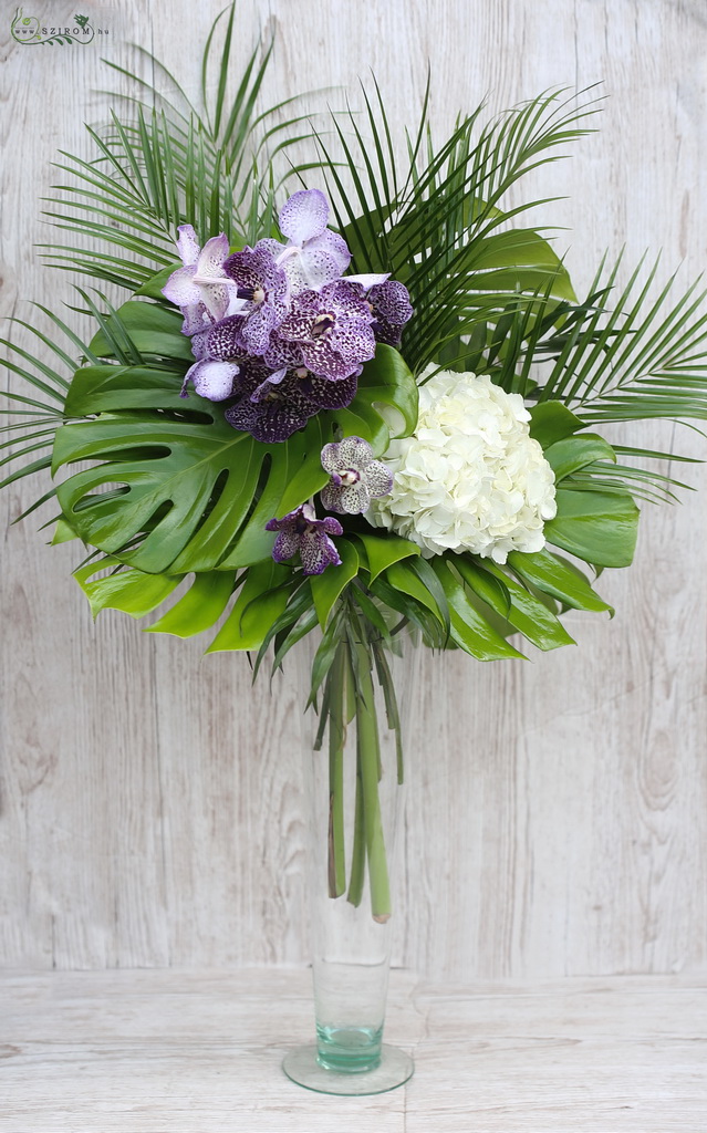 flower delivery Budapest - Botanical Centerpiece in vase (hortensia, vanda orchid, palm leafs, white, lilac)
