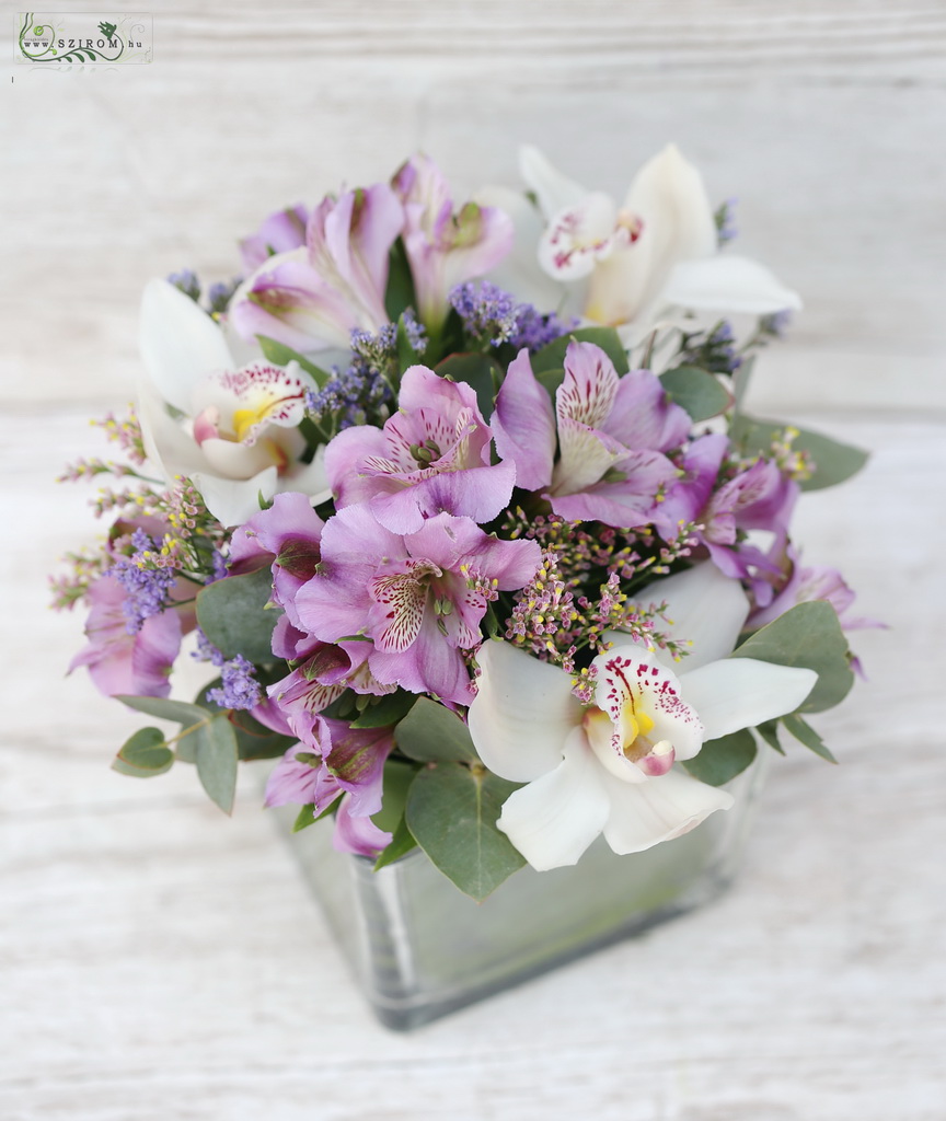 Virágküldés Budapest - üvegkocka lila alstromériával, fehér orchideával