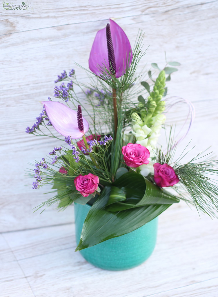 flower delivery Budapest - Centerpiece with purple anthuriums, spray roses