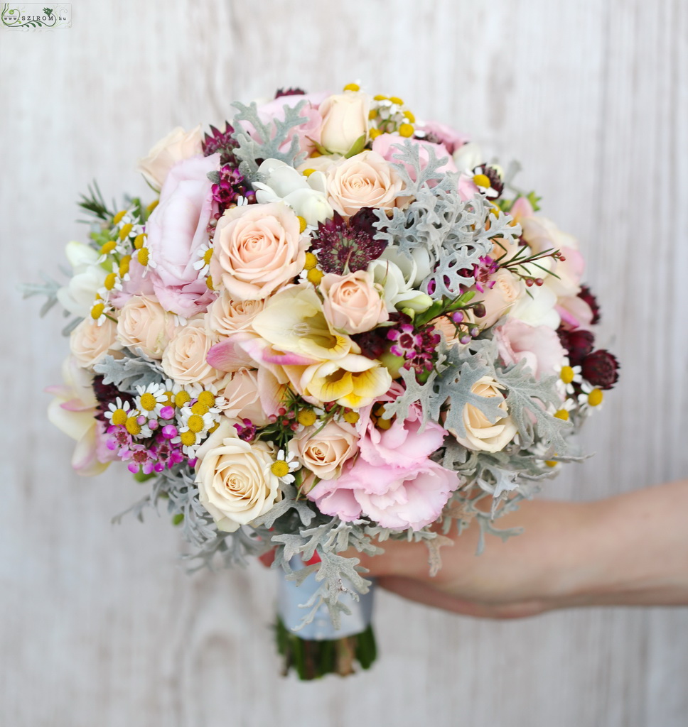 flower delivery Budapest - Bridal bouquet (spray rose, wax, chamomile, freesia, astrantia, lisianthus, senetio cineraria, peach, pink, red, yellow)