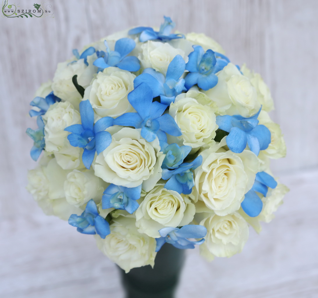flower delivery Budapest - Bridal bouquet (rose, dendrobium, white, blue)